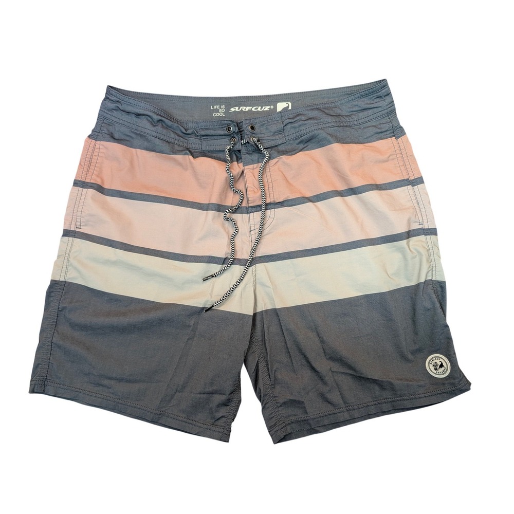 Surfcuz Mens Striped Board Shorts Grey Coral Pink Beach Swim Trunks Size 36